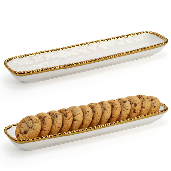 2 Pack Porcelain Cracker Tray with Gold Pearl Edge, 14 Inch Rectangular Charcuterie Platters, Dishwasher Safe Ceramic Cookie Plates