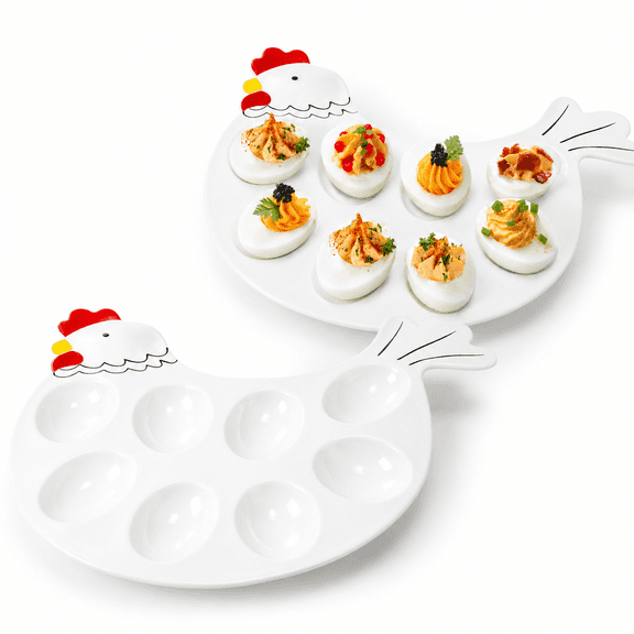 2 Pack Porcelain Deviled Egg Platter Trays, Hen Shaped 8-cup Serving Dishes