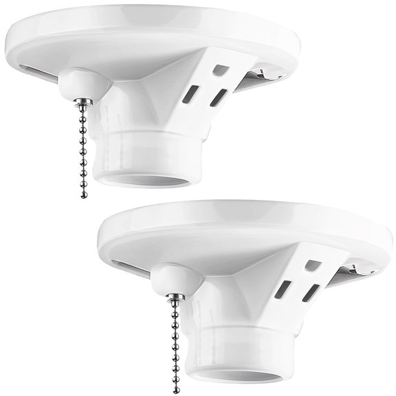 2 Pack Porcelain Light Socket with Outlet and Pull Chain | White Fixture, Grounded Receptacle, Ceiling Box Mount, E27/e26 Base, Bulb for Indoor Garage Closet Lighting