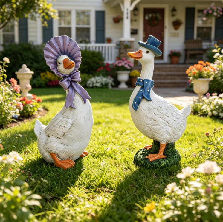 2 Pack Porch Goose Bundle, Goose Couple Statue Weatherproof Resin ...