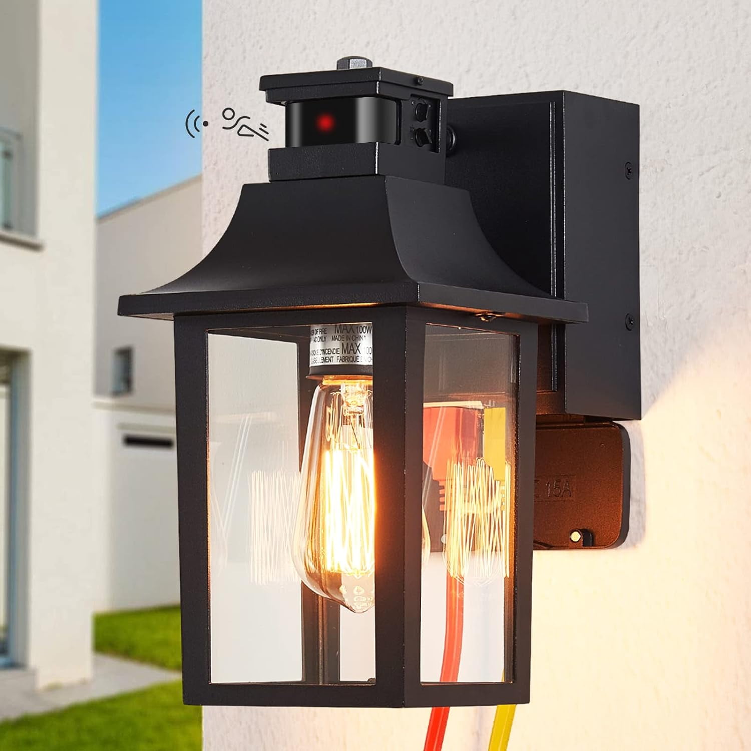 2 Pack Porch Light with GFCI Outlet,Dusk to Dawn Motion Sensor Outdoor Light,Black Front Door