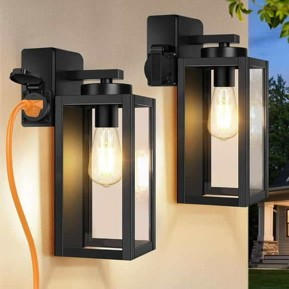 2 Pack Porch Lights Outdoor with Outlet, Modern Outdoor Wall Lights Exterior Lighting Fixtures, Outdoor Wall Sconces Outside Lights for House Front Door Garage