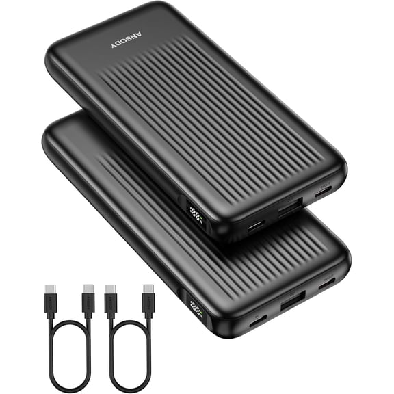 2-Pack Portable Charger, 10000mAh 22.5W Slim USB C Power Bank Fast Charging with 2 Outputs & 2 Inputs, Digital Display Battery Pack Compatible with iPhone Samsung iPad Tablets, Black & Black