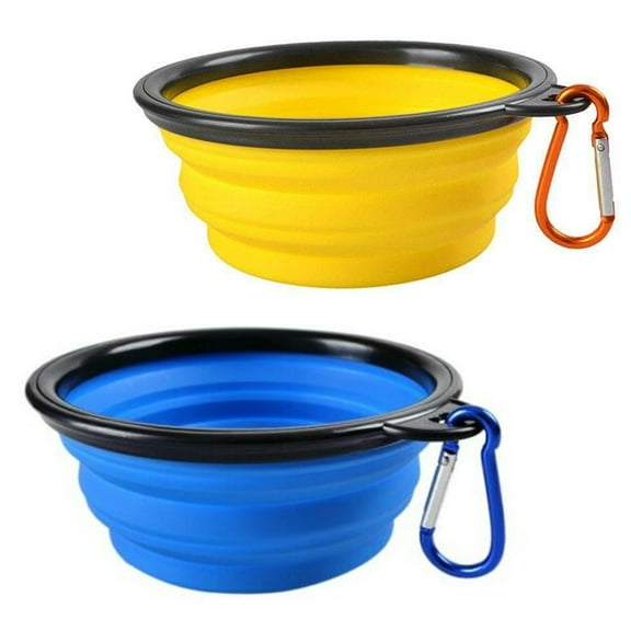 2 Pack Portable Dog Bowl, Unbranded Foldable Pet Food & Water Collapsible Dish for Travel, Hiking, Camping (Blue+Yellow)