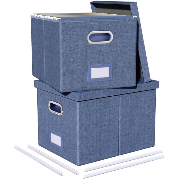 2 Pack Portable File Box with Lid for Letter and Legal Folders, Blue, Foldable, Classic Style, Linen Finish