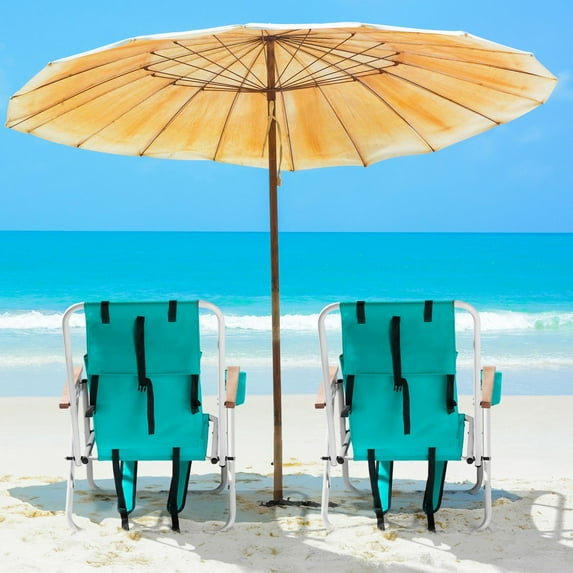 2 Pack Portable Folding Backpack Beach Chair,Camping Chair with Headrest Cup Holder and Wooden Armrests, Green for Adults