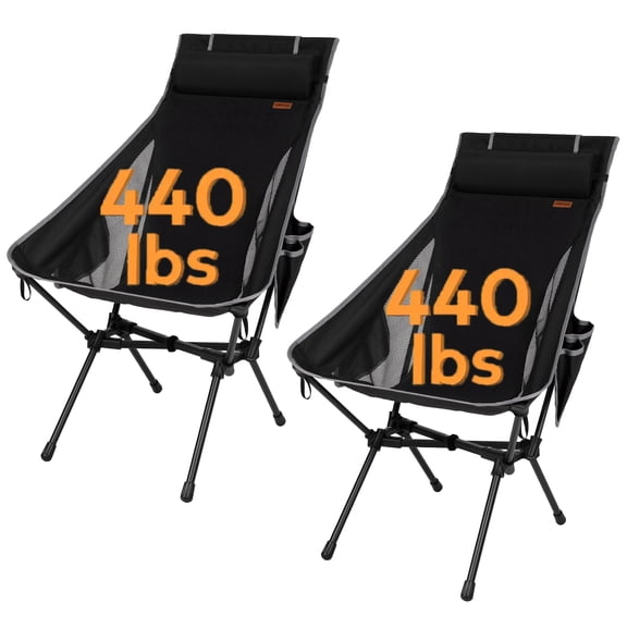 2 Pack Portable High Back Camping Chair, Support Heavy Duty 440 lbs, Compact Folding Chair with Detachable Pillow for Camp, Hiking, Backpacking (Black)