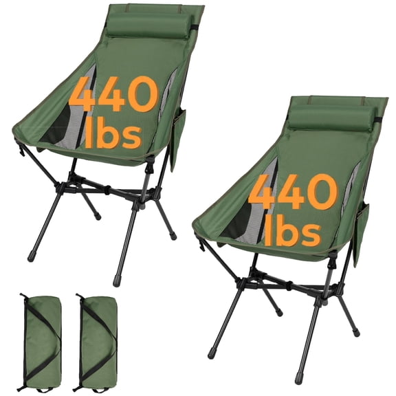 2 Pack Portable High Back Camping Chair, Support Heavy Duty 440 lbs, Compact Folding Chair with Detachable Pillow for Camp, Hiking, Backpacking (Green)