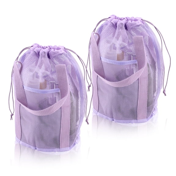 2 Pack Portable Mesh Shower Caddy for Dorm Room Essentials, Hanging Bathroom Shower Tote Bag with Drawstring & Side Pockets, Quick Dry Mesh Toiletry Bath Bag for Swimming Gym Beach (Purple)