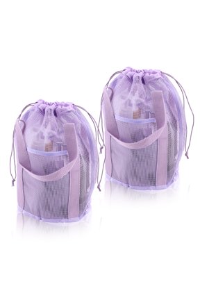2 Pack Portable Mesh Shower Caddy for Dorm Room Essentials, Hanging Bathroom Shower Tote Bag with Drawstring & Side Pockets, Quick Dry Mesh Toiletry Bath Bag for Swimming Gym Beach (Purple)