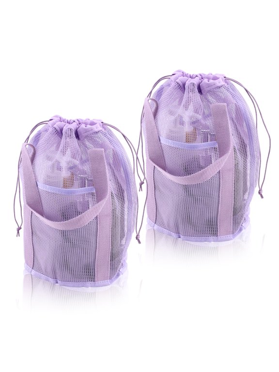 2 Pack Portable Mesh Shower Caddy for Dorm Room Essentials, Hanging Bathroom Shower Tote Bag with Drawstring & Side Pockets, Quick Dry Mesh Toiletry Bath Bag for Swimming Gym Beach (Purple)