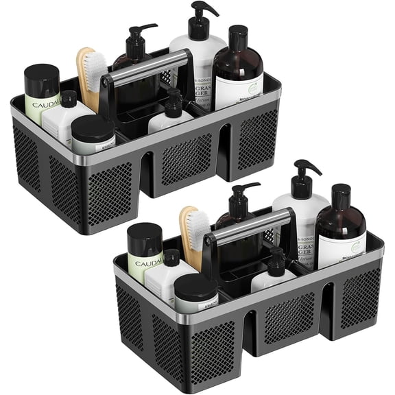 2 Pack Portable Plastic Shower Caddy with Handle 4 Divided Compartments All-Side Drainage Black Silver