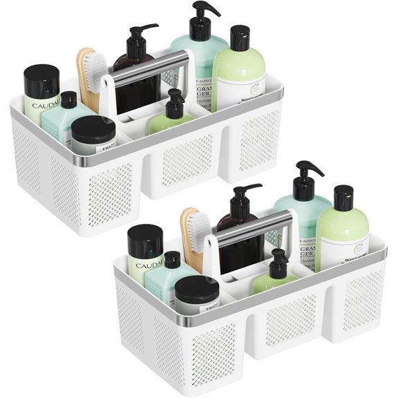 2 Pack Portable Plastic Shower Caddy with Handle and 4 Divided Compartments