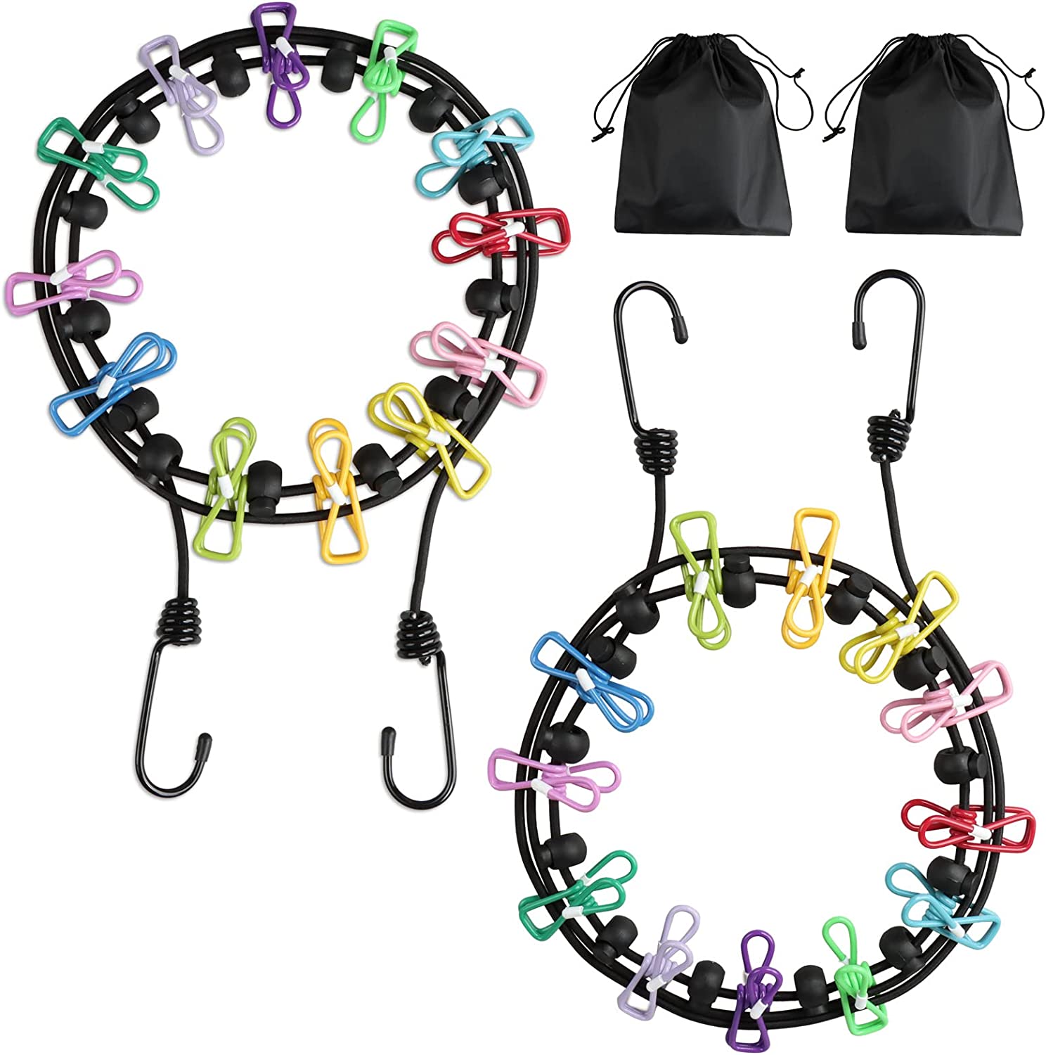 2 Pack Portable Travel Camping Elastic Clothesline with 12 Colorful Clothespins Windproof