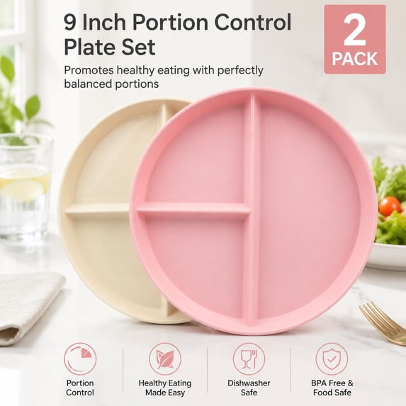 2 Pack Portion Control Plates, 9 Inch Round Divided Dinner Plates with ...