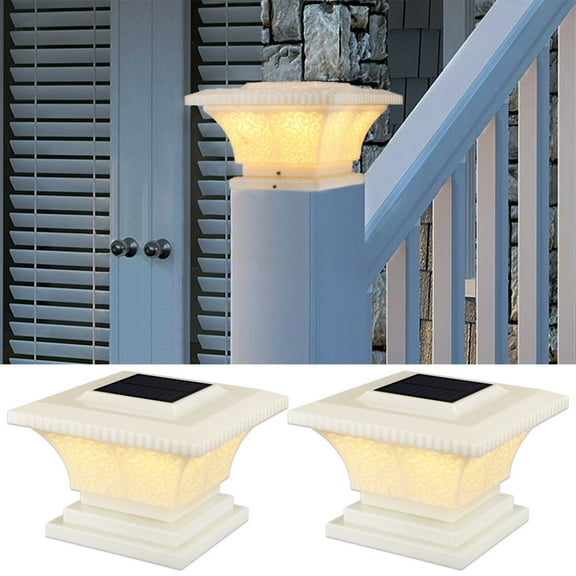 2 Pack Solar Post Lights Outdoor, LED Deck Fence Cap Light for 4x4 5x5 6x6 Posts Patio Garden Decoration Warm Lighting