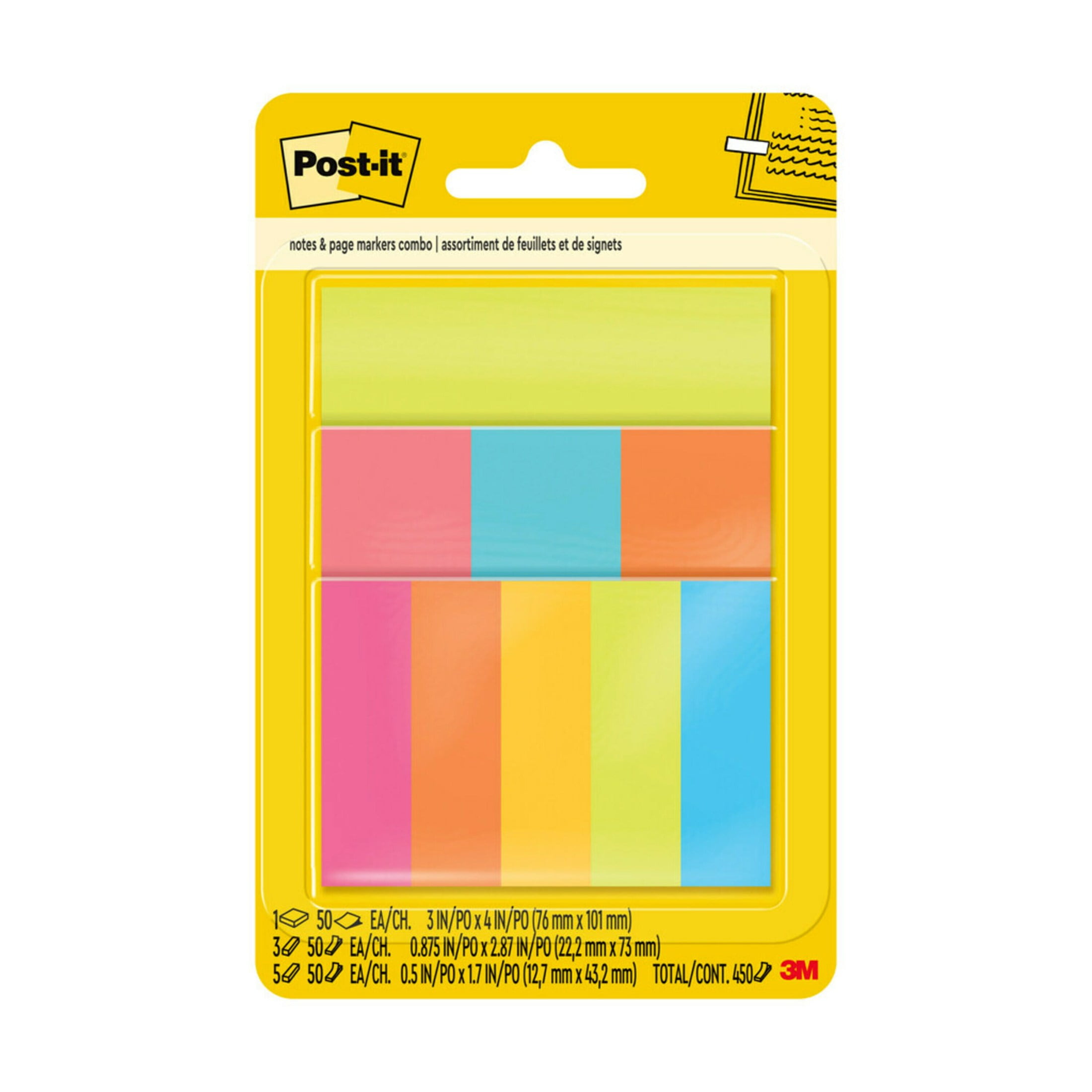 (2 Pack) Post-it Combo Pack, Assorted Sizes & Colors, 450 Sheets Total