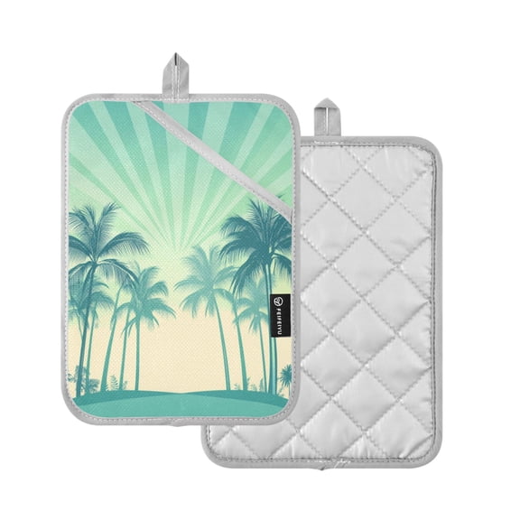 2-Pack Pot Holders Heat Resistant Kitchen Oven Mitts 7x9.8in for Oven, Microwave & BBQ Green Palm Trees