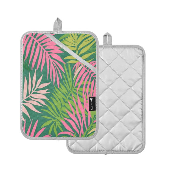 2-Pack Pot Holders Heat Resistant Kitchen Oven Mitts 7x9.8in for Oven, Microwave & BBQ Pink Palm Leaves