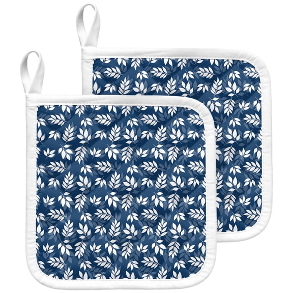 2 Pack Pot Holders for Kitchen Blue Leaves Hot Pads Heat Resistant Potholders with Hanging Loops Spring Leaf Plant Oven Pot Holder Pads Set for Countertops Cooking Baking BBQ 8"x8"