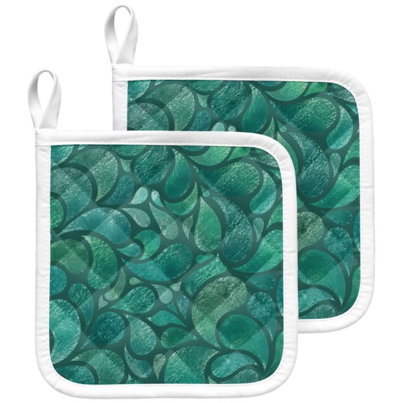 2 Pack Pot Holders for Kitchen Green Swirling Paisley Droplets Hot Pads Heat Resistant Potholders with Hanging Loops Watery Spots Oven Pot Holder Pads Set for Countertops Cooking Baking BBQ 8"x8"