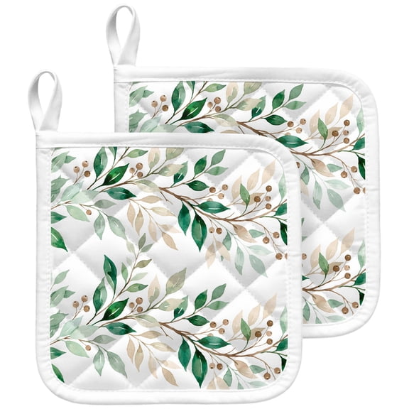 2 Pack Pot Holders for Kitchen Leaves Branches Hot Pads Heat Resistant Potholders with Hanging Loops Spring Botanical Leaf Berry Oven Pot Holder Pads Set for Countertops Cooking Baking BBQ 8"x8"