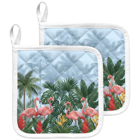 2 Pack Pot Holders for Kitchen Pink Flamigo Hot Pads Heat Resistant Potholders with Hanging Loops Blue Tropical Palm Tree Oven Pot Holder Pads Set for Countertops Cooking Baking BBQ 8"x8"