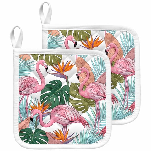 2 Pack Pot Holders for Kitchen Pink Flamigo Hot Pads Heat Resistant Potholders with Hanging Loops Tropical Palm Leaves Plant Oven Pot Holder Pads Set for Countertops Cooking Baking BBQ 8"x8"