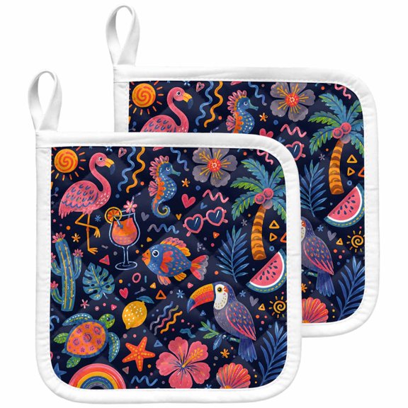 2 Pack Pot Holders for Kitchen Pink Flamingo Hot Pads Heat Resistant Potholders with Hanging Loops Tropical Toucan Bird Turtles Fish Palm Oven Pot Holder Pads Set for Countertops Cooking 8"x8"