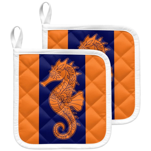 2 Pack Pot Holders for Kitchen Seahorse Hot Pads Heat Resistant Potholders with Hanging Loops Orange Navy Blue Stripes Lines Oven Pot Holder Pads Set for Countertops Cooking Baking BBQ 8"x8"