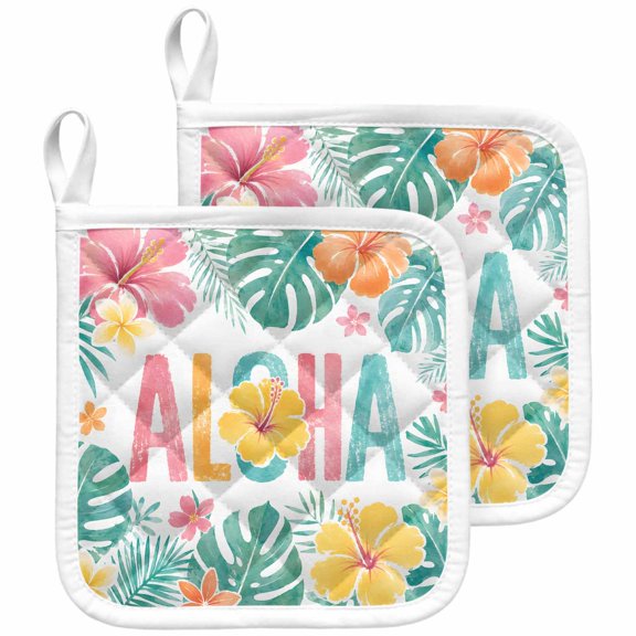 2 Pack Pot Holders for Kitchen Tropical Monstera Leaves Hot Pads Heat Resistant Potholders with Hanging Loops Hibiscus Flowers Aloha Oven Pot Holder Pads Set for Countertops Cooking Baking BBQ 8"x8"