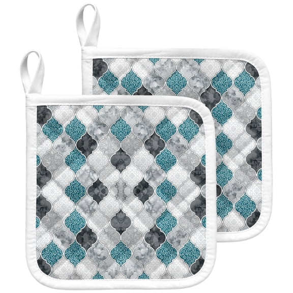 2 Pack Pot Holders for Kitchen Turquoise Damask Pattern Hot Pads Heat Resistant Potholders with Hanging Loops Lace Tile Framework Oven Pot Holder Pads Set for Countertops Cooking Baking BBQ 8"x8"