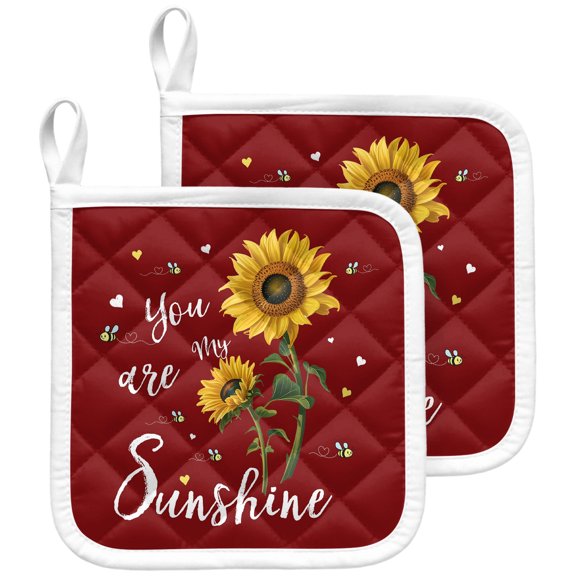 2 Pack Pot Holders for Kitchen You Are My Sunshine Hot Pads Heat Resistant Potholders with Hanging Loops Bee Heart Floral Red Oven Pot Holder Pads Set for Countertops Cooking Baking BBQ 8"x8"