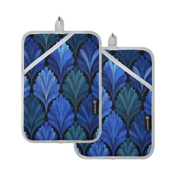 2 Pack Pot Holders for Kitchen Heat Resistant Hot Pads Sets for Cooking Baking Blue Batik Leaves Pattern