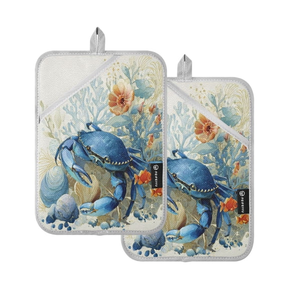 2 Pack Pot Holders for Kitchen Heat Resistant Hot Pads Sets for Cooking Baking Blue Crab and Shells