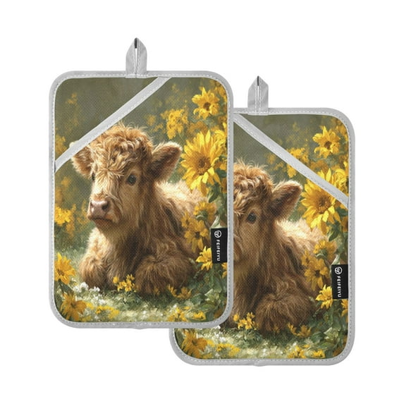 2 Pack Pot Holders for Kitchen Heat Resistant Hot Pads Sets for Cooking Baking Cow Lying in Sunflowers