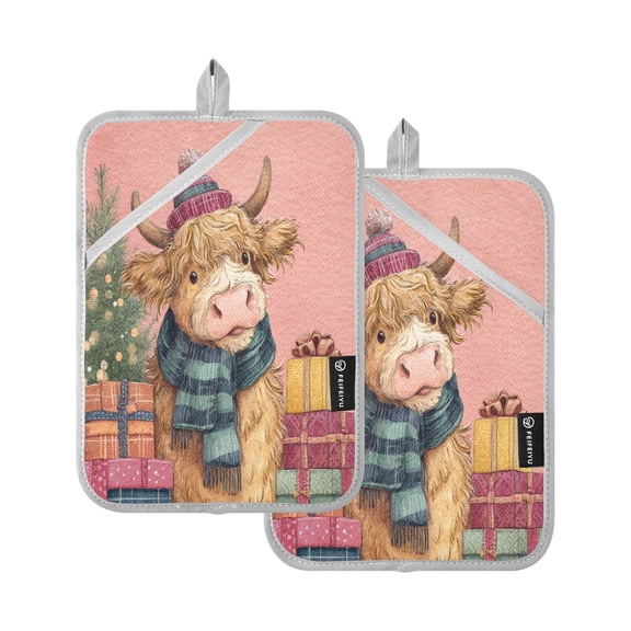 2 Pack Pot Holders for Kitchen Heat Resistant Hot Pads Sets for Cooking Baking Cow Wearing Scarf and Hat