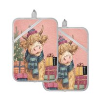 2 Pack Pot Holders for Kitchen Heat Resistant Hot Pads Sets for Cooking Baking Cow Wearing Scarf and Hat
