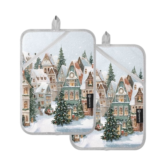 2 Pack Pot Holders for Kitchen Heat Resistant Hot Pads Sets for Cooking Baking Cozy Winter Town with Snow