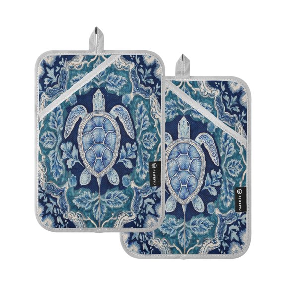 2 Pack Pot Holders for Kitchen Heat Resistant Hot Pads Sets for Cooking Baking Dark Teal Turtle Pattern