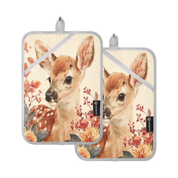 2 Pack Pot Holders for Kitchen Heat Resistant Hot Pads Sets for Cooking Baking Deer Surrounded by Autumn Leaves