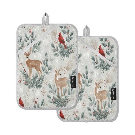 2 Pack Pot Holders for Kitchen Heat Resistant Hot Pads Sets for Cooking Baking Deer and Cardinals Pattern