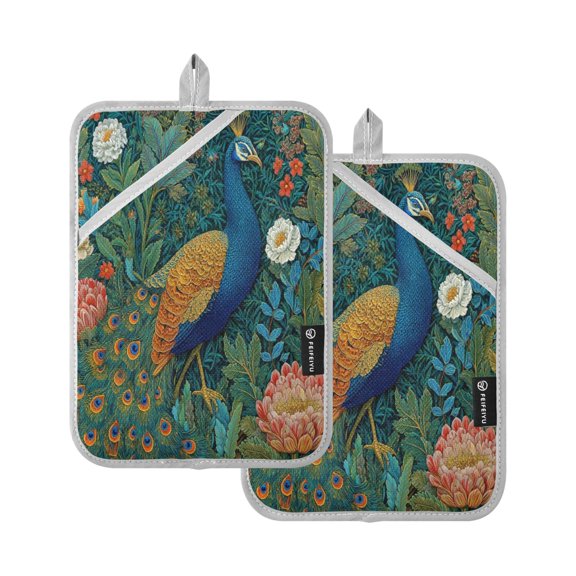 2 Pack Pot Holders for Kitchen Heat Resistant Hot Pads Sets for Cooking Baking Elegant Peacock