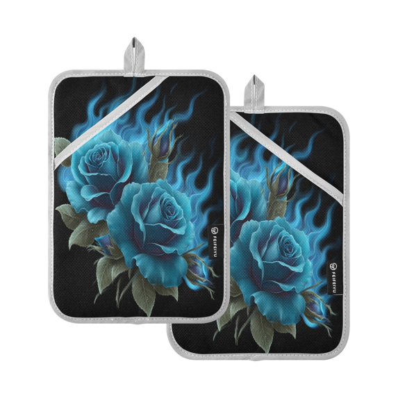 2 Pack Pot Holders for Kitchen Heat Resistant Hot Pads Sets for Cooking Baking Eternal Blue Rose and Flame