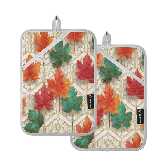 2 Pack Pot Holders for Kitchen Heat Resistant Hot Pads Sets for Cooking Baking Green and Red Maple Leaves
