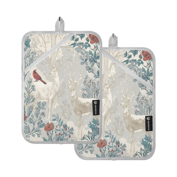 2 Pack Pot Holders for Kitchen Heat Resistant Hot Pads Sets for Cooking Baking Hand-drawn Deer and Cardinals