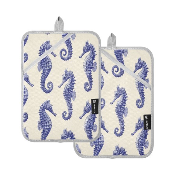 2 Pack Pot Holders for Kitchen Heat Resistant Hot Pads Sets for Cooking Baking Indigo Blue Seahorses Pattern