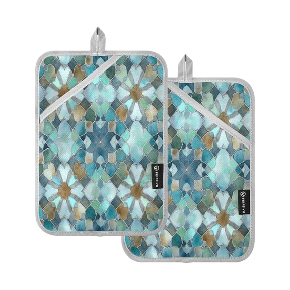 2 Pack Pot Holders for Kitchen Heat Resistant Hot Pads Sets for Cooking Baking Intricate Blue Block Pattern