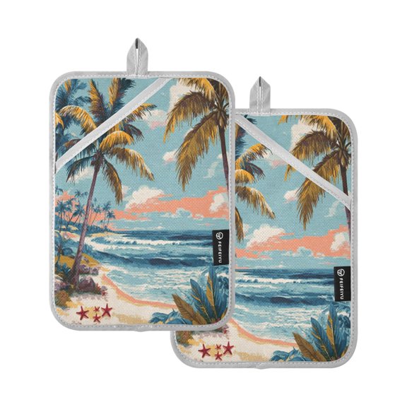 2 Pack Pot Holders for Kitchen Heat Resistant Hot Pads Sets for Cooking Baking Palm Trees and Beaches
