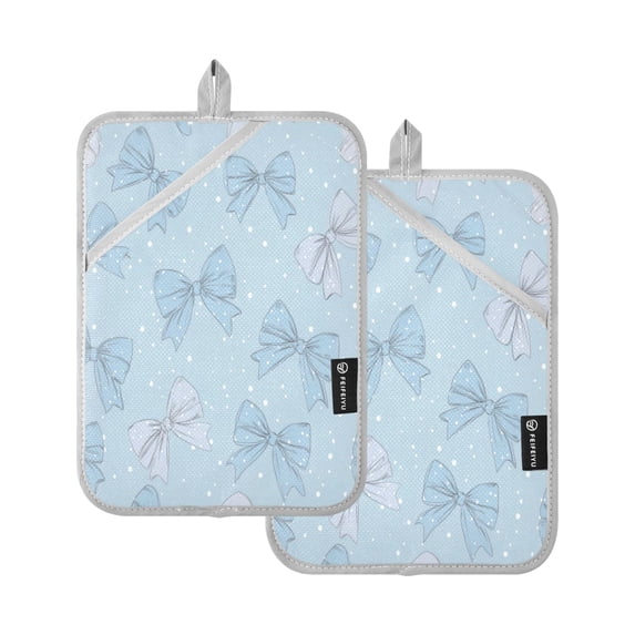 2 Pack Pot Holders for Kitchen Heat Resistant Hot Pads Sets for Cooking Baking Pastel Blue Bows and Dots